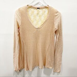 Free People Knit Lace Back Long Sleeve V-Neck Top Semi-Sheer Linen Cotton Blush